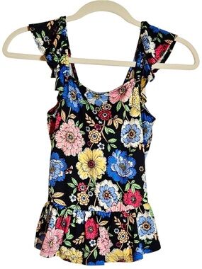 black floral, open-back/tie-back, ruffle sleeves, peplum tank top, SZ SMALL, NWT